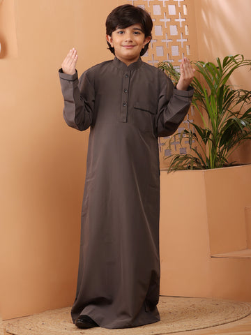 Nabia Grey Solid Boy's Thobe / Jubba with Black Piping Detailing