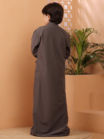 Nabia Grey Solid Boy's Thobe / Jubba with Black Piping Detailing