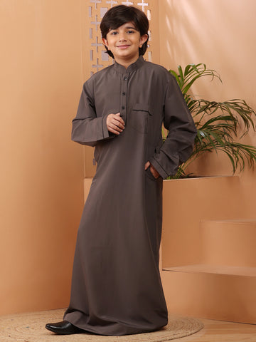 Nabia Grey Solid Boy's Thobe / Jubba with Black Piping Detailing