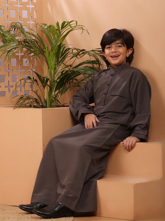 Nabia Grey Solid Boy's Thobe / Jubba with Black Piping Detailing