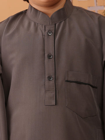 Nabia Grey Solid Boy's Thobe / Jubba with Black Piping Detailing