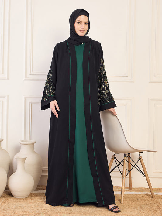 Nabia Black and Bottle Green Solid Luxury Handworked Abaya Burqa for Women with Black Hijab