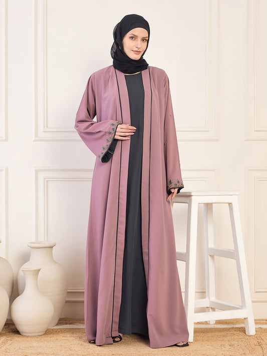 Nabia Pink and Olive Black Solid Luxury Handworked Abaya Burqa for Women with Black Hijab