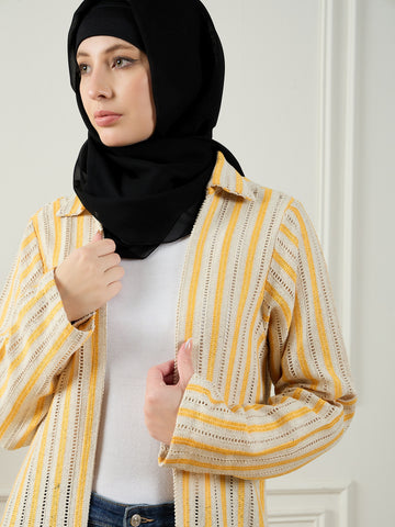 Nabia Front Open Cotton Knitted White and Yellow Shrug For Women with Black Georgette Hijab