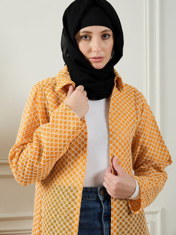 Nabia Women Front Open Cotton Knitted Yellow Shrug with Black Georgette Hijab