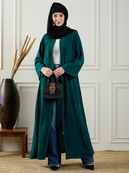 Nabia Front Open Bottle Green Zip-Closure Abaya Burqa With Black Georgette Hijab