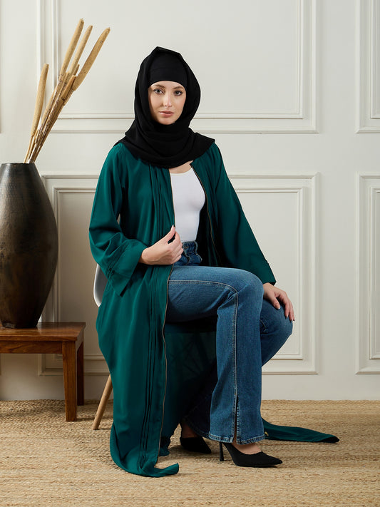 Nabia Front Open Bottle Green Zip-Closure Abaya Burqa With Black Georgette Hijab