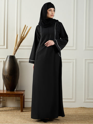 Nabia Women Black Solid Piping Details A-line Abaya Burqa With Black Georgette Hijab