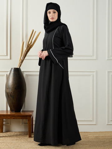 Nabia Women Black Solid Piping Details A-line Abaya Burqa With Black Georgette Hijab