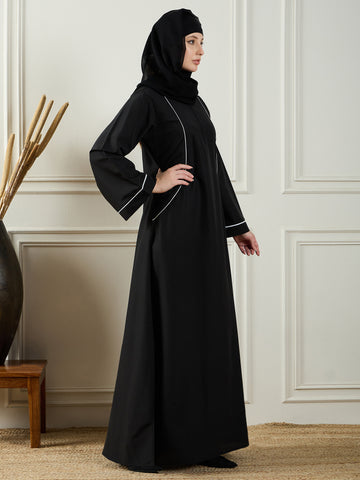 Nabia Women Black Solid Piping Details A-line Abaya Burqa With Black Georgette Hijab