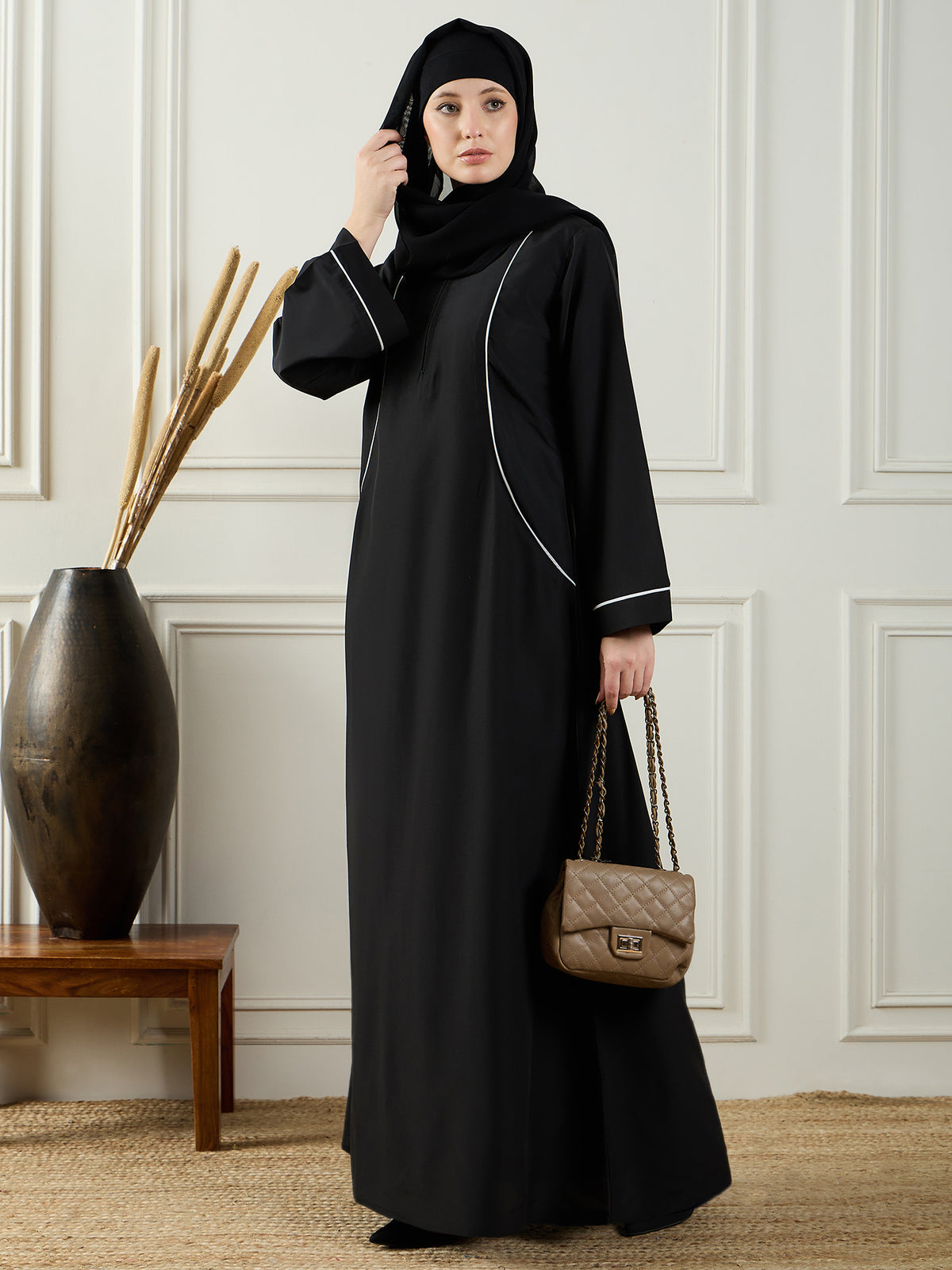 Nabia Women Black Solid Piping Details A-line Abaya Burqa With Black Georgette Hijab