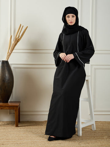 Nabia Women Black Solid Piping Details A-line Abaya Burqa With Black Georgette Hijab