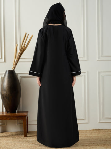 Nabia Women Black Solid Piping Details A-line Abaya Burqa With Black Georgette Hijab