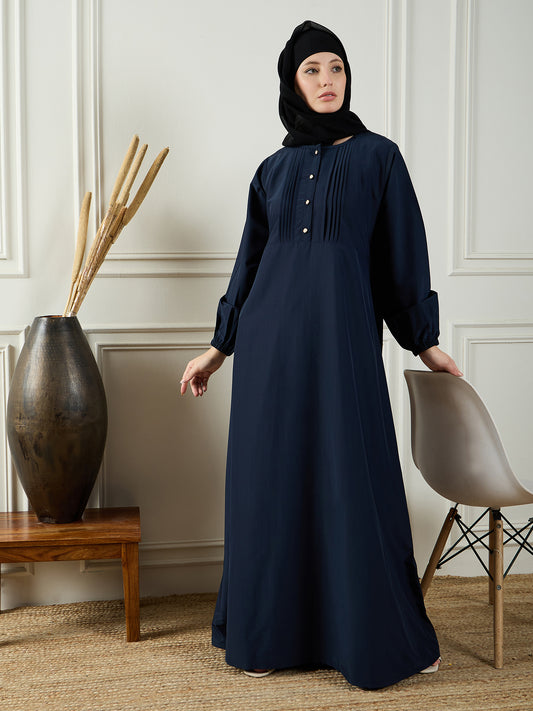 Nabia Women Blue Solid Abaya Dress With Black Georgette Hijab