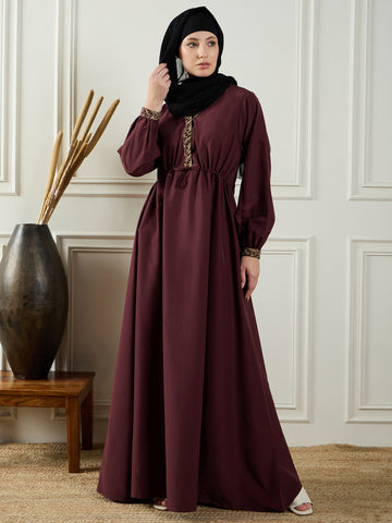 Nabia Women Embroidery Detailing Maroon Abaya Burqa With Black Georgette Hijab