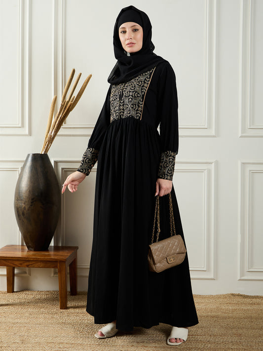 Embroidery Detailing Black Abaya Burqa For Women With Black Georgette Hijab