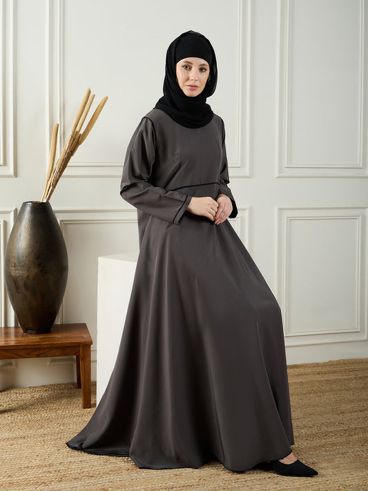 Nabia Grey Solid Abaya Burqa For Women With Georgette Hijab