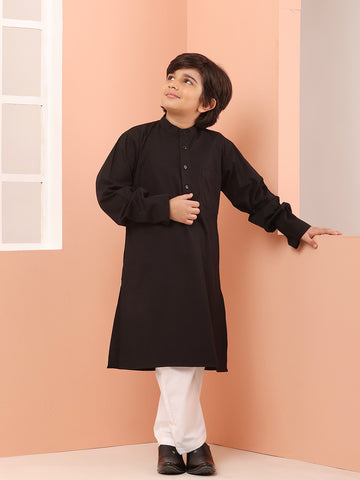 Nabia Mandarin Collar Black Solid Kurta Pajama Set For Kids Boys