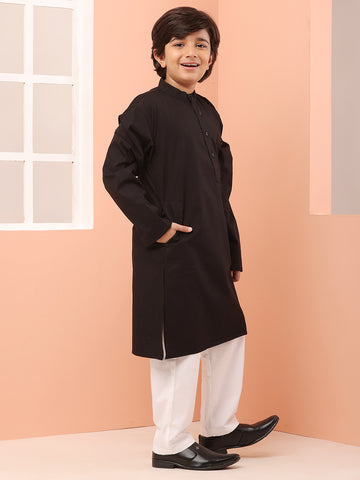 Nabia Mandarin Collar Black Solid Kurta Pajama Set For Kids Boys