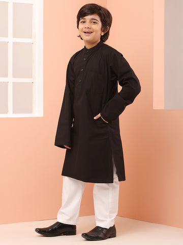 Nabia Mandarin Collar Black Solid Kurta Pajama Set For Kids Boys