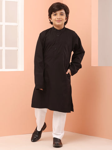 Nabia Mandarin Collar Black Solid Kurta Pajama Set For Kids Boys