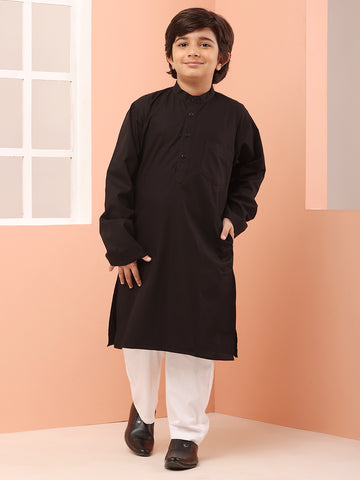 Nabia Mandarin Collar Black Solid Kurta Pajama Set For Kids Boys