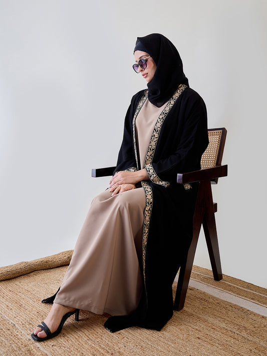 Beige Inner Included Embroidered Black Shrug with Matching Black Hijab for Women