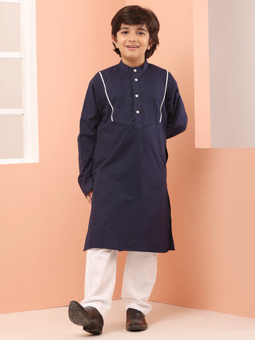 Nabia Mandarin Collar Blue Solid Kurta Pajama Set For Kids Boys