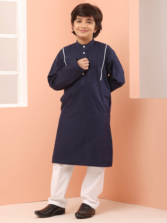 Nabia Mandarin Collar Blue Solid Kurta Pajama Set For Kids Boys