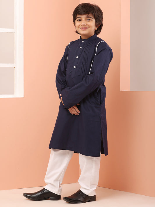 Nabia Mandarin Collar Blue Solid Kurta Pajama Set For Kids Boys