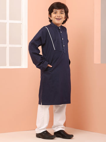 Nabia Mandarin Collar Blue Solid Kurta Pajama Set For Kids Boys