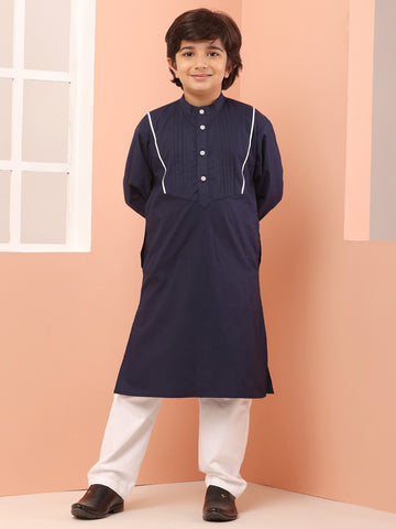 Nabia Mandarin Collar Blue Solid Kurta Pajama Set For Kids Boys