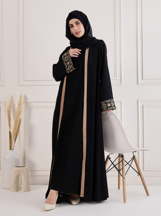 Nabia Black Solid Embroidered Shrug Set with Inner & Matching Black Hijab for Women