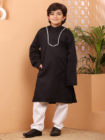 Nabia Black Solid Piping Detailing Kurta Pajama Set For Kids Boys