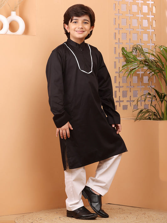 Nabia Black Solid Piping Detailing Kurta Pajama Set For Kids Boys