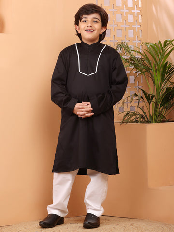 Nabia Black Solid Piping Detailing Kurta Pajama Set For Kids Boys