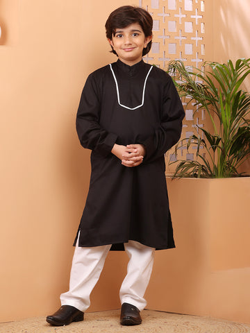 Nabia Black Solid Piping Detailing Kurta Pajama Set For Kids Boys