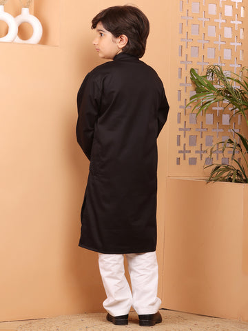 Nabia Black Solid Piping Detailing Kurta Pajama Set For Kids Boys