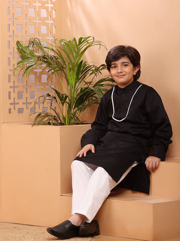 Nabia Black Solid Piping Detailing Kurta Pajama Set For Kids Boys