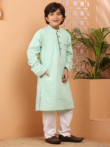 Nabia Sea Green Solid Kids Boys Kurta Pajama Set