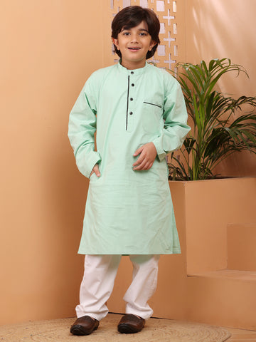 Nabia Sea Green Solid Kids Boys Kurta Pajama Set