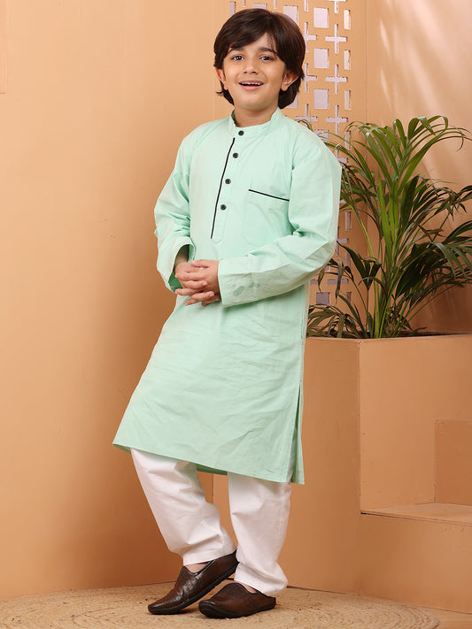 Nabia Sea Green Solid Kids Boys Kurta Pajama Set