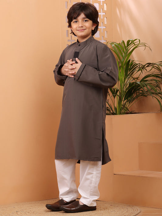 Nabia Grey Solid Kurta Pajama Set For Kids Boys