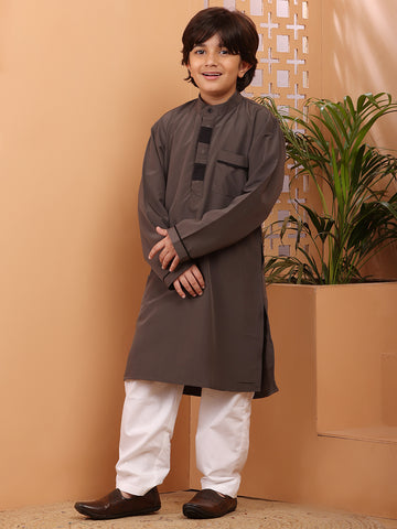 Nabia Grey Solid Kurta Pajama Set For Kids Boys