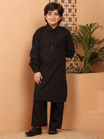 Nabia Black solid Kids Boys Shirt Collar Pathani Kurta Pajama Set