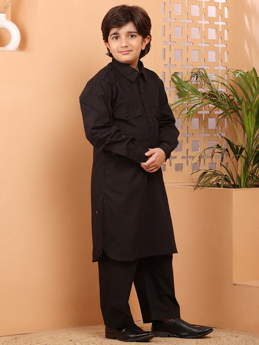 Nabia Black solid Kids Boys Shirt Collar Pathani Kurta Pajama Set