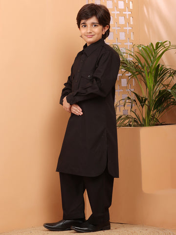 Nabia Black solid Kids Boys Shirt Collar Pathani Kurta Pajama Set