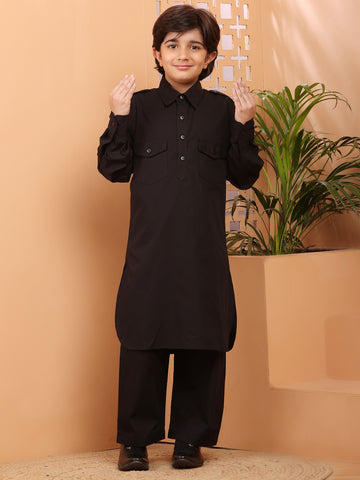 Nabia Black solid Kids Boys Shirt Collar Pathani Kurta Pajama Set