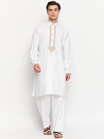 White Solid Men's Kurta With Embroidery Details