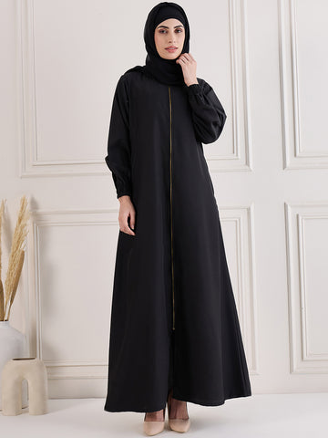 Nabia Front Open Zip-Closure Black Abaya Burqa With Black Georgette Hijab